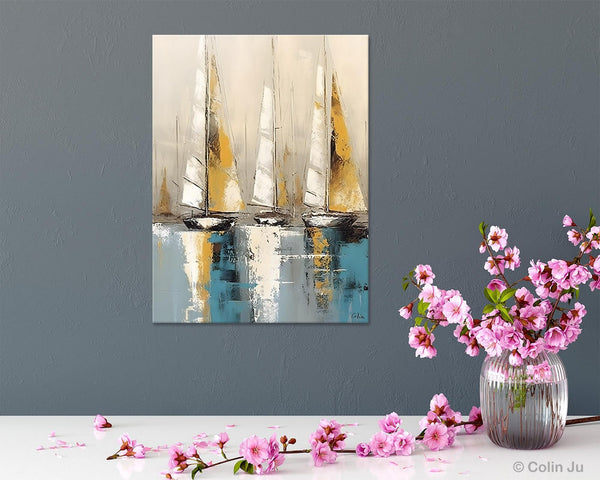 Large Painting Ideas for Living Room, Large Original Canvas Art for Bedroom, Sail Boat Canvas Painting, Modern Abstract Wall Art Paintings-LargePaintingArt.com