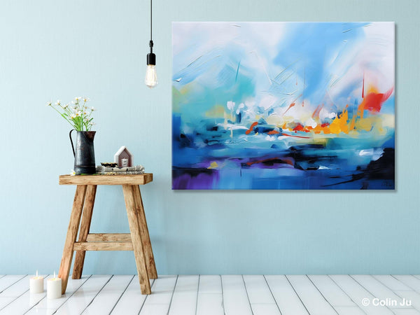 Hand Painted Canvas Art, Blue Original Wall Art Painting for Bedroom, Extra Large Modern Canvas Paintings, Acrylic Paintings on Canvas-LargePaintingArt.com