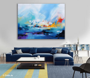 Hand Painted Canvas Art, Blue Original Wall Art Painting for Bedroom, Extra Large Modern Canvas Paintings, Acrylic Paintings on Canvas-LargePaintingArt.com