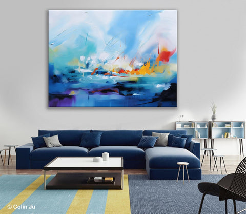 Hand Painted Canvas Art, Blue Original Wall Art Painting for Bedroom, Extra Large Modern Canvas Paintings, Acrylic Paintings on Canvas-LargePaintingArt.com