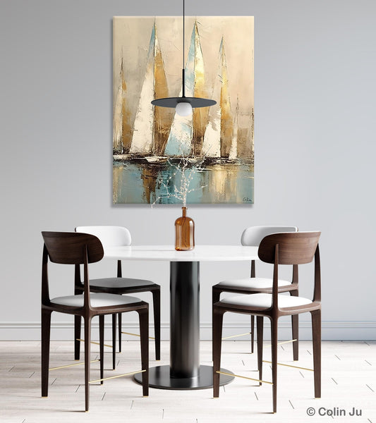 Sail Boat Abstract Painting, Landscape Canvas Paintings for Dining Room, Acrylic Painting on Canvas, Original Landscape Abstract Painting-LargePaintingArt.com