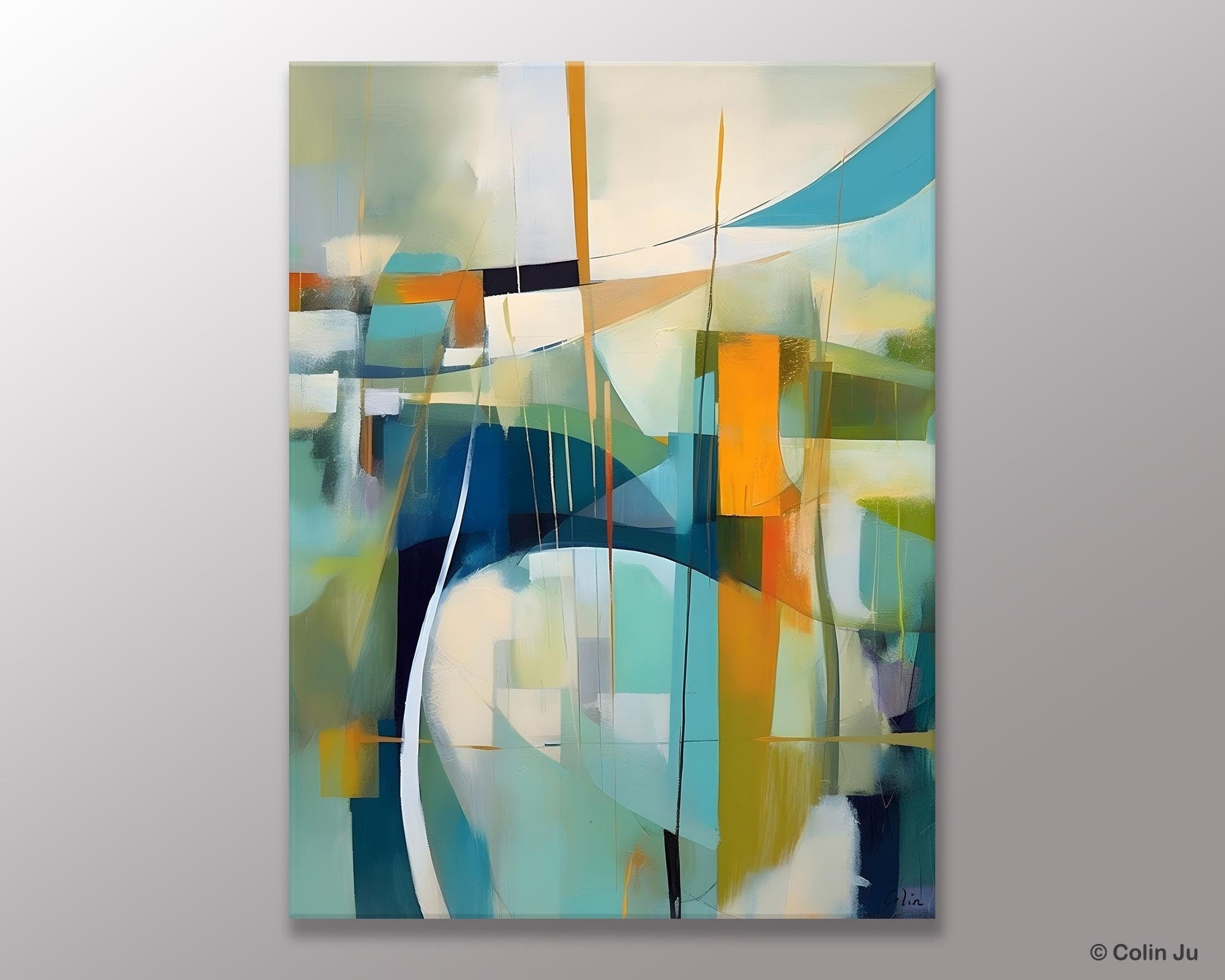 Large Geometric Abstract Painting, Acrylic Painting on Canvas, Landscape Canvas Paintings for Bedroom, Original Landscape Abstract Painting-LargePaintingArt.com