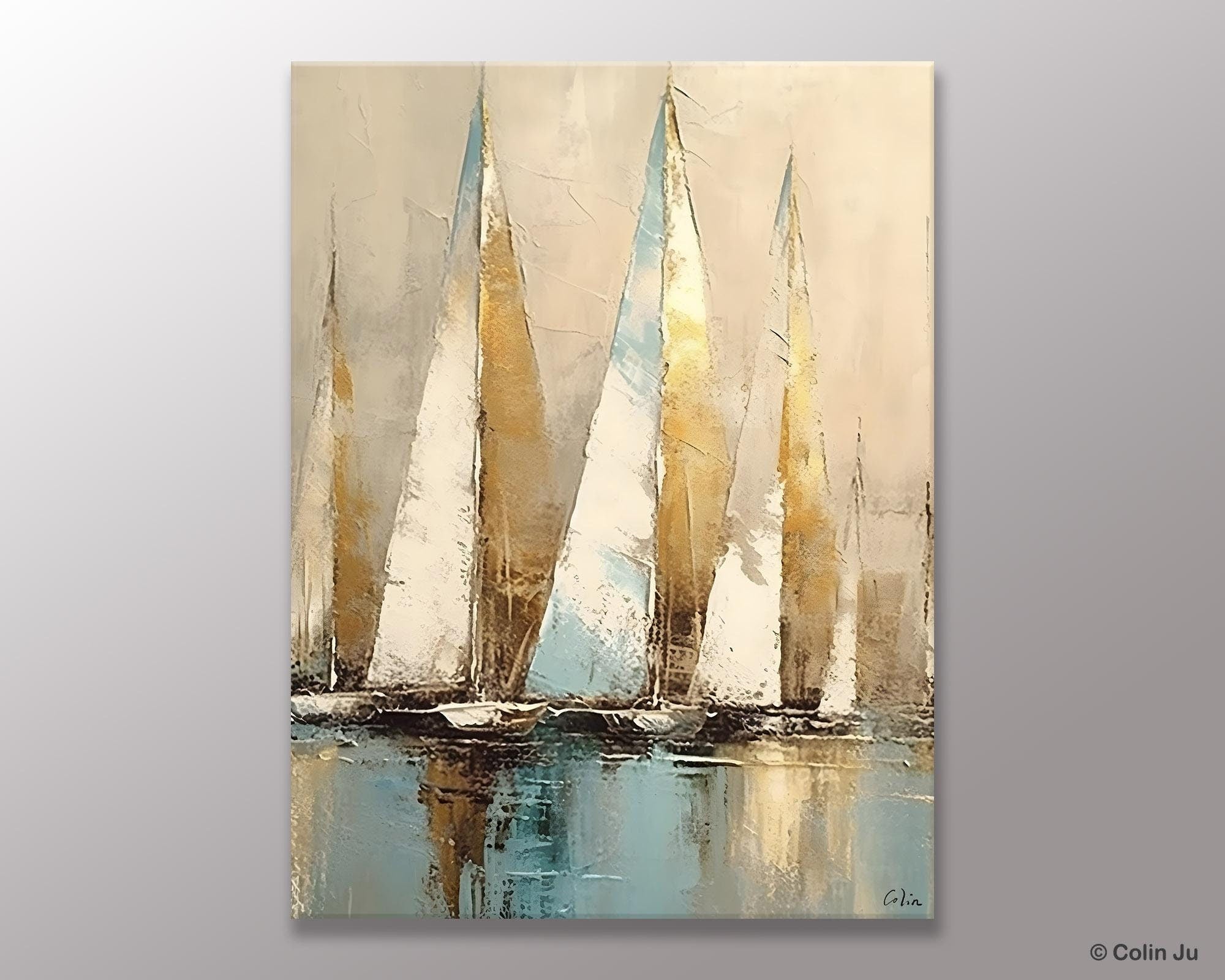 Sail Boat Abstract Painting, Landscape Canvas Paintings for Dining Room, Acrylic Painting on Canvas, Original Landscape Abstract Painting-LargePaintingArt.com