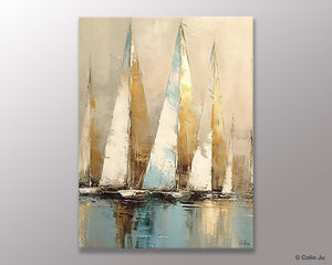 Sail Boat Abstract Painting, Landscape Canvas Paintings for Dining Room, Acrylic Painting on Canvas, Original Landscape Abstract Painting-LargePaintingArt.com