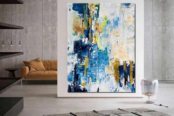 Living Room Abstract Paintings, Blue Modern Abstract Painting, Large Acrylic Canvas Paintings, Large Wall Art Ideas, Impasto Painting-LargePaintingArt.com