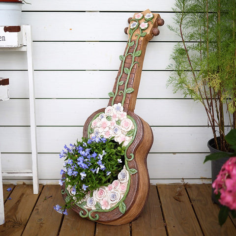 Modern Garden Flower Pot, Unique Guitar Flowerpot for Garden Ornaments, Beautiful Guitar Flowerpot, Villa Outdoor Decor Gardening Ideas-LargePaintingArt.com