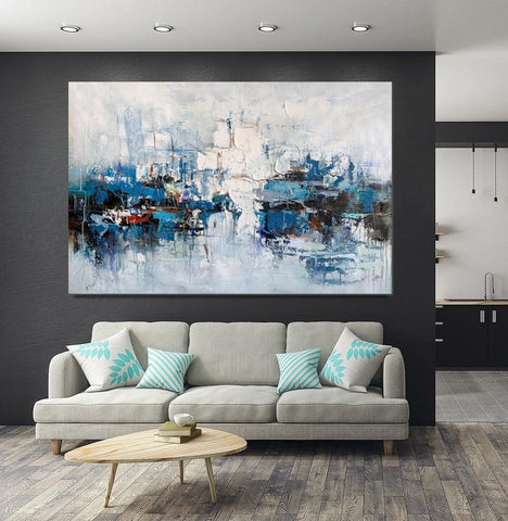 Large Wall Art Paintings Behind Sofa, Acrylic Paintings on Canvas, Acrylic Painting for Bedroom, Blue Modern Paintings, Heavy Texture Canvas Art-LargePaintingArt.com