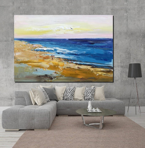 Large Paintings Behind Sofa, Landscape Painting for Living Room, Acrylic Paintings on Canvas, Heavy Texture Painting, Seashore Beach Painting-LargePaintingArt.com
