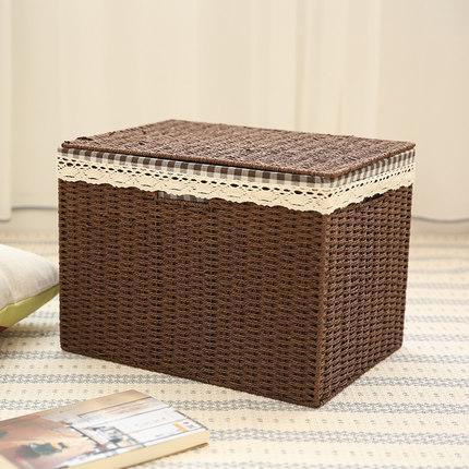 Large Deep Brown / Cream Color Woven Straw basket with Cover, Storage Basket for Toys, Rectangle Storage Basket, Storage Basket for Clothes-LargePaintingArt.com
