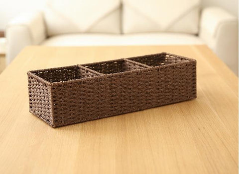 Woven Straw Storage basket with 3 Compartments, Wicker Storage Basket, Rectangle Storage Basket for Living Room-LargePaintingArt.com