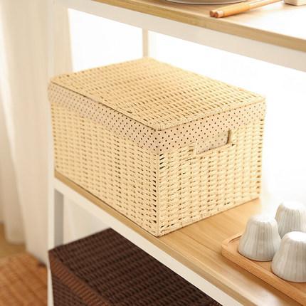 Storage Basket, Rectangle Basket, Deep Brown / Cream Color Woven Straw basket with Cover-LargePaintingArt.com