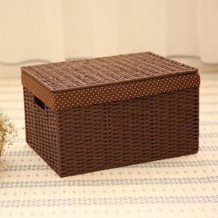 Storage Basket, Rectangle Basket, Deep Brown / Cream Color Woven Straw basket with Cover-LargePaintingArt.com