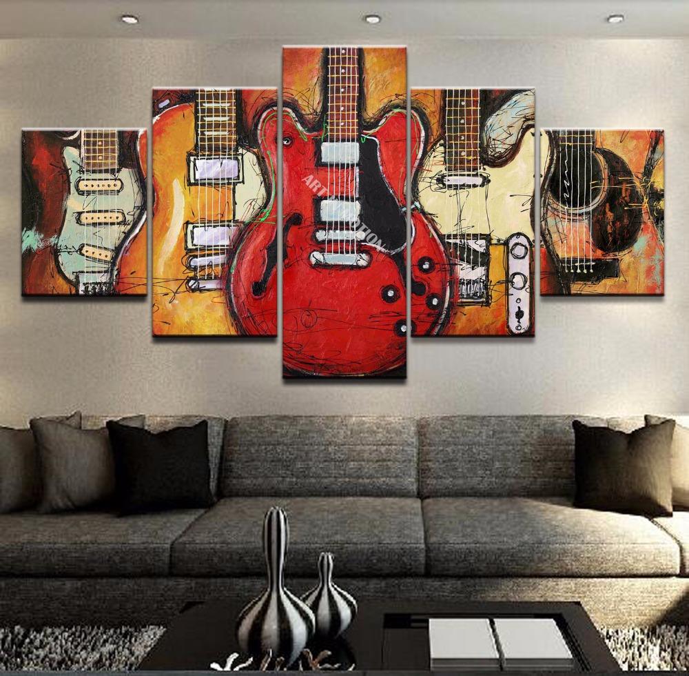 5 Piece Abstract Painting, Guitar Painting, Large Paintings for Living Room, Modern Abstract Painting, Musical Instrument Painting-LargePaintingArt.com