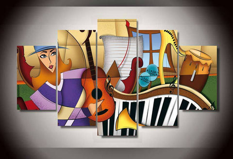 Girl Playing Guitar Painting, Electronic organ, Dulcimer, Tambourine Painting, 5 Piece Abstract Art, Musical Instrument Painting-LargePaintingArt.com