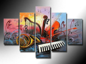 Music Painting, Modern Paintings for Living Room, Abstract Acrylic Painting, Violin, Saxophone, Harp, 5 Piece Abstract Wall Art Paintings-LargePaintingArt.com