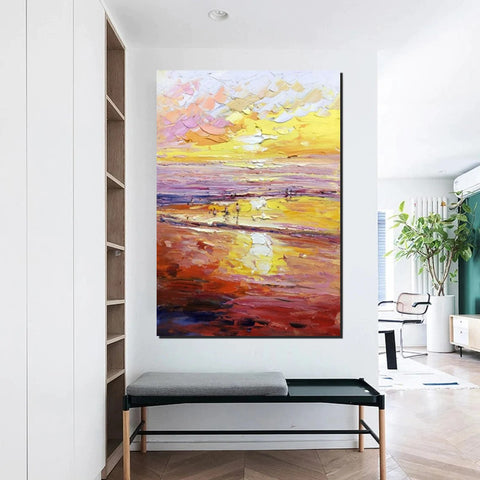 Canvas Paintings for Bedroom, Large Paintings on Canvas, Landscape Painting for Living Room, Sunrise Seashore Painting, Heavy Texture Paintings-LargePaintingArt.com