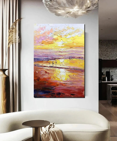 Canvas Paintings for Bedroom, Large Paintings on Canvas, Landscape Painting for Living Room, Sunrise Seashore Painting, Heavy Texture Paintings-LargePaintingArt.com