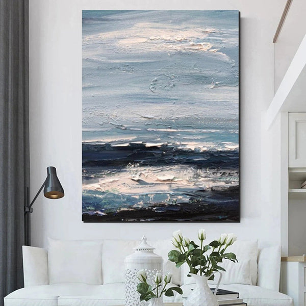 Contemporary Modern Art, Impasto Paintings, Blue Simple Modern Art, Living Room Wall Art Ideas, Palette Knife Paintings, Large Modern Art Ideas-LargePaintingArt.com