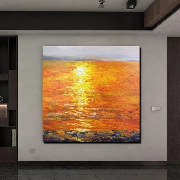 Landscape Acrylic Paintings, Sunrise Seascape Painting, Modern Wall Art Paintings, Heavy Texture Painting, Large Painting Behind Sofa-LargePaintingArt.com