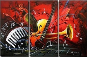 Abstract Art, Red Abstract Painting, Bedroom Wall Art, Violin, Horn, Guitar Painting, Extra Large Painting-LargePaintingArt.com