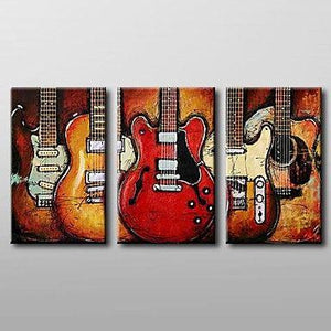 Modern Abstract Painting, 3 Piece Canvas Art, Red Abstract Painting, Electric Guitar Painting, Canvas Painting for Living Room-LargePaintingArt.com