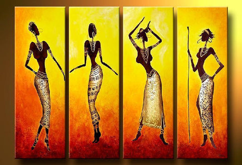 African Girl Painting, 4 Piece Canvas Art, African Woman Painting, Abstract Figure Painting, Abstract Paintings for Bedroom-LargePaintingArt.com