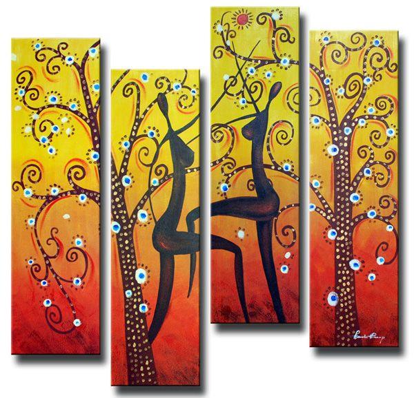 Tree of Life Painting, African Girl Painting, 4 Piece Canvas Paintings, Abstract Figure Art, Abstract Wall Art Paintings-LargePaintingArt.com