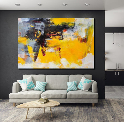 Living Room Modern Paintings, Yellow Acylic Abstract Paintings, Large Painting Behind Sofa, Buy Abstract Painting Online, Simple Modern Art-LargePaintingArt.com