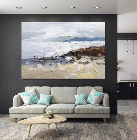 Landscape Paintings for Living Room, Landscape Canvas Paintings, Abstract Landscape Paintings, Seashore Beach paintings, Heavy Texture Canvas Art-LargePaintingArt.com