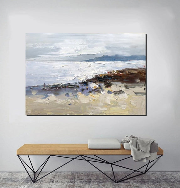 Landscape Paintings for Living Room, Landscape Canvas Paintings, Abstract Landscape Paintings, Seashore Beach paintings, Heavy Texture Canvas Art-LargePaintingArt.com