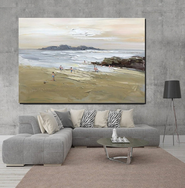 Acrylic Paintings on Canvas, Beach Seashore Paintings, Large Paintings for Bedroom, Landscape Painting for Living Room, Palette Knife Paintings-LargePaintingArt.com