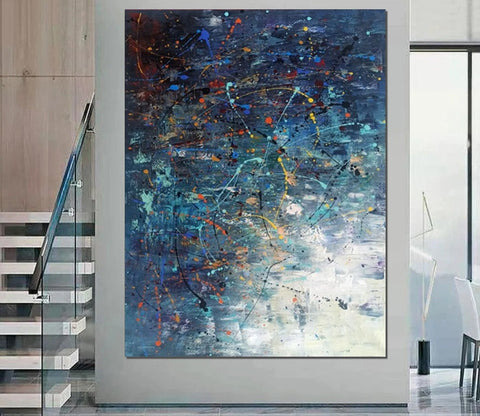 Extra Large Paintings for Living Room, Hand Painted Wall Art Paintings, Blue Abstract Acrylic Painting, Modern Abstract Art for Dining Room-LargePaintingArt.com