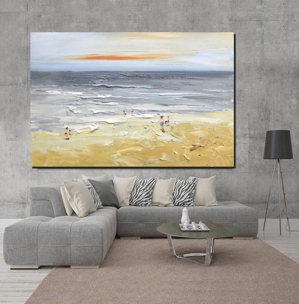 Acrylic Paintings for Living Room, Landscape Canvas Paintings, Abstract Landscape Paintings, Seashore Painting, Beach paintings, Heavy Texture Canvas Art-LargePaintingArt.com