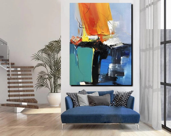 Acrylic Paintings on Canvas, Large Paintings Behind Sofa, Abstract Painting for Living Room, Blue Modern Paintings, Palette Knife Paintings-LargePaintingArt.com