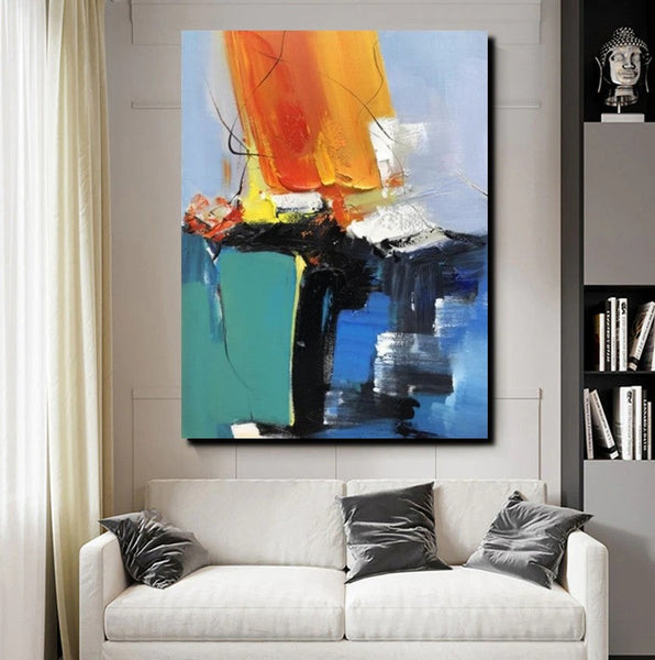 Acrylic Paintings on Canvas, Large Paintings Behind Sofa, Abstract Painting for Living Room, Blue Modern Paintings, Palette Knife Paintings-LargePaintingArt.com