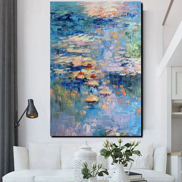 Acrylic Paintings on Canvas, Large Paintings for Bedroom, Landscape Painting for Living Room, Water Lily Paintings, Palette Knife Paintings-LargePaintingArt.com