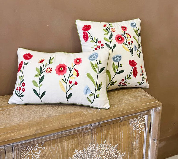 Throw Pillows for Couch, Spring Flower Decorative Throw Pillows, Farmhouse Sofa Decorative Pillows, Embroider Flower Cotton Pillow Covers-LargePaintingArt.com