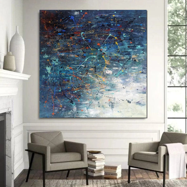 Modern Abstract Wall Art, Large Painting for Sale, Easy Painting Ideas for Living Room, Blue Acrylic Painting on Canvas, Huge Canvas Paintings-LargePaintingArt.com