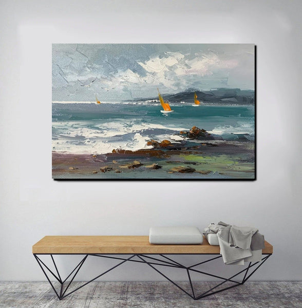 Large Paintings on Canvas, Canvas Paintings Behind Sofa, Landscape Painting for Living Room, Sail Boat at Sea Paintings, Heavy Texture Paintings-LargePaintingArt.com