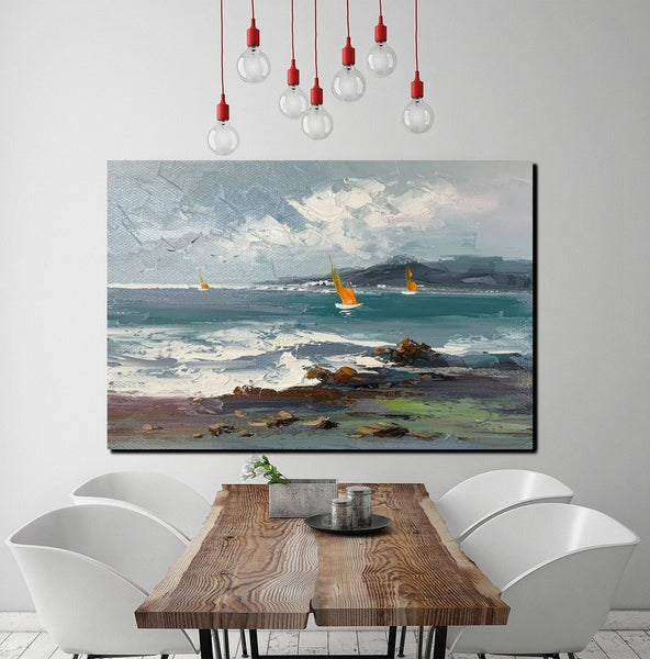 Large Paintings on Canvas, Canvas Paintings Behind Sofa, Landscape Painting for Living Room, Sail Boat at Sea Paintings, Heavy Texture Paintings-LargePaintingArt.com